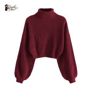 Cropped Turtleneck Sweater Lantern Sleeve Ribbed Knit Pullover